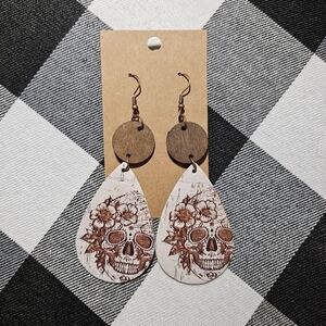 Handmade Faux Leather & Wood Sugarskull White 4in Teardrop & Circle Dangle Earri